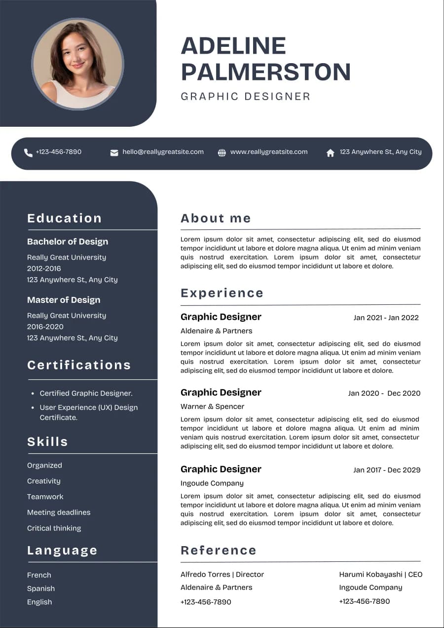 Sample dark blue and white minimalist education resume